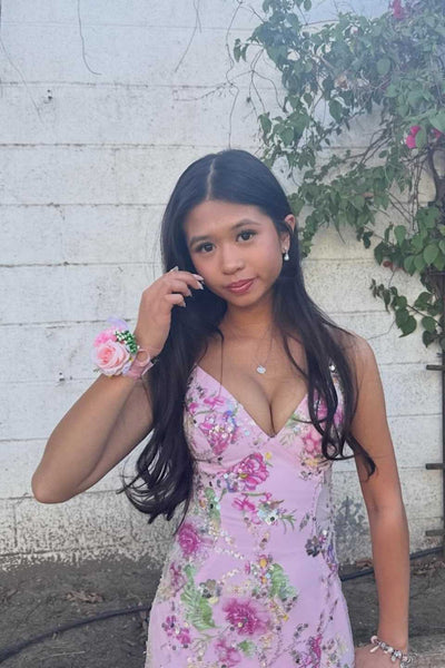 V-neck Pink Floral Sequin Mermaid Long Dress