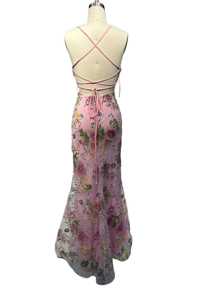 V-neck Pink Floral Sequin Mermaid Long Dress