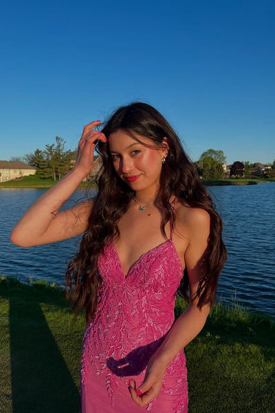 V-neck Hot Pink Lace Appliques Mermaid Long Dress