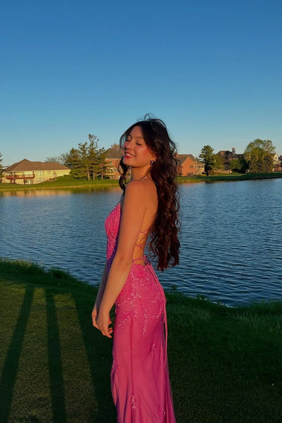 V-neck Hot Pink Lace Appliques Mermaid Long Dress