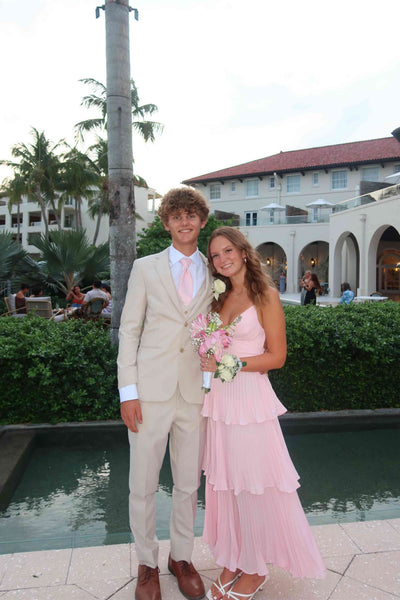 V-neck Pink Pleated Tiered Chiffon Long Dress