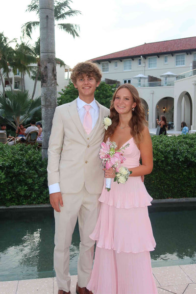 V-neck Pink Pleated Tiered Chiffon Long Dress