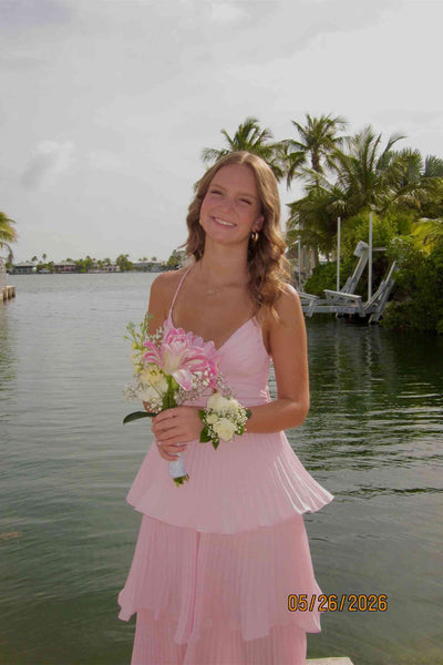 V-neck Pink Pleated Tiered Chiffon Long Dress