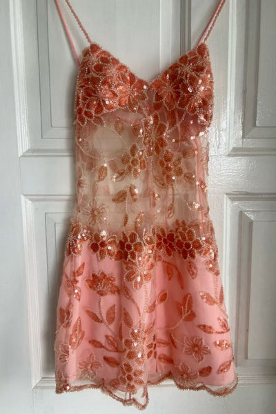 V-neck Red See Through Short Dress with Beaded
