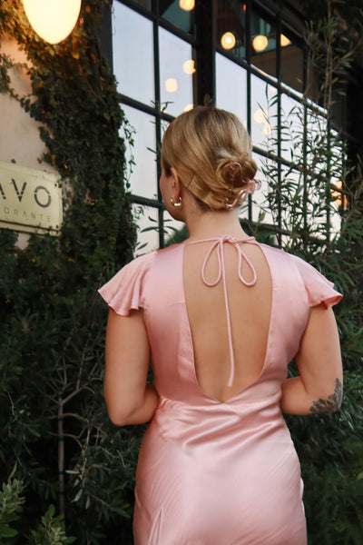 V-neck Pink Tie-Back Satin Long Dress