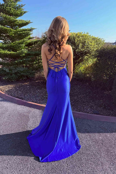 V-neck Royal Blue Appliques Long Dress with Slit