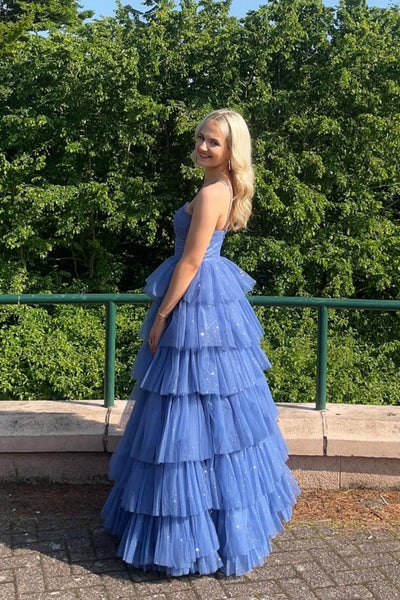 V-neck Sage Green Tiered Sparkle Tulle Long Dress