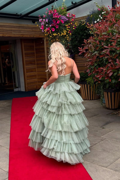 V-neck Sage Green Tiered Sparkle Tulle Long Dress