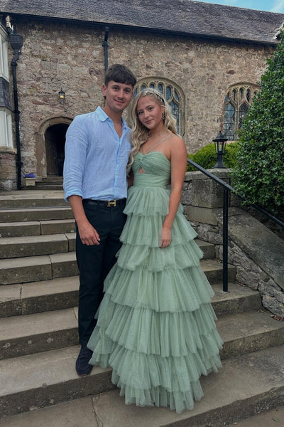 V-neck Sage Green Tiered Sparkle Tulle Long Dress