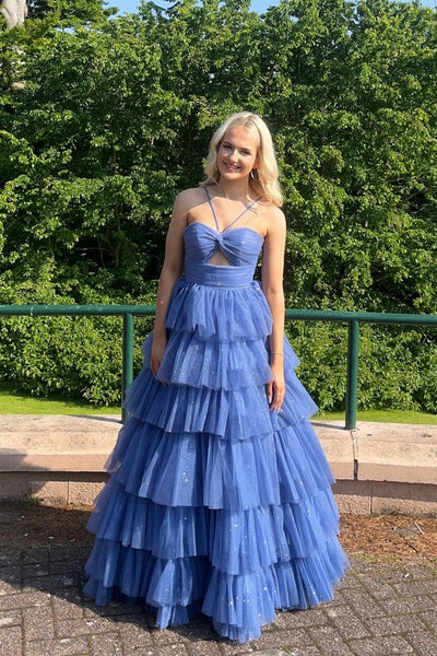 V-neck Sage Green Tiered Sparkle Tulle Long Dress
