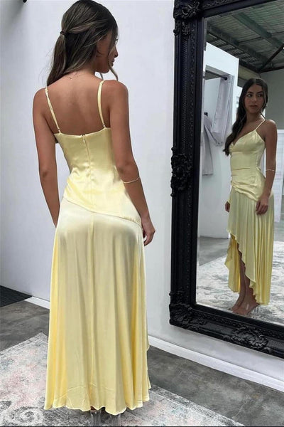 V-neck Yellow Irregular Hem Long Evening Dress with Slit