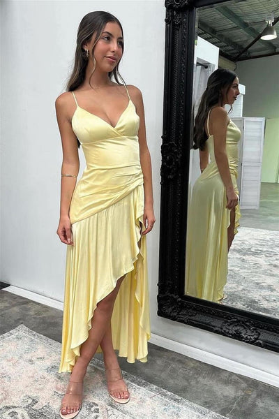 V-neck Yellow Irregular Hem Long Evening Dress with Slit