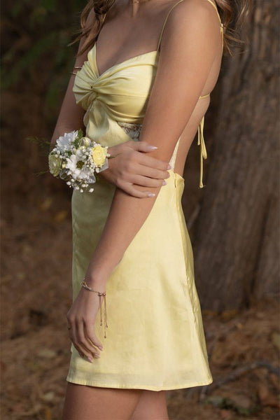 V-neck Yellow Lace Panelling A-line Short Dress