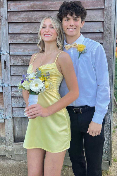 V-neck Yellow Pleated Bust A-line Short Dress