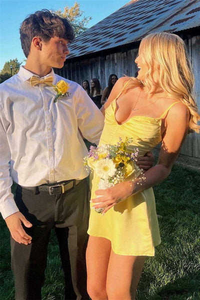 V-neck Yellow Pleated Bust A-line Short Dress