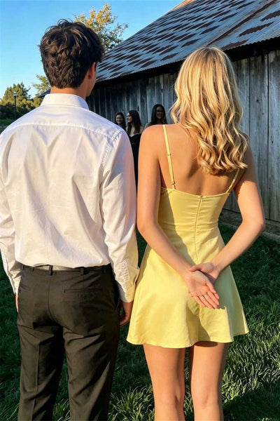 V-neck Yellow Pleated Bust A-line Short Dress