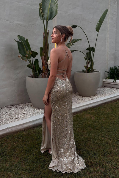 V-neck Blue Sequin Mermaid Long Dress with Slit