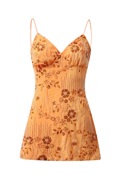 V-neck Orange Beaded Bodycon Short Dress