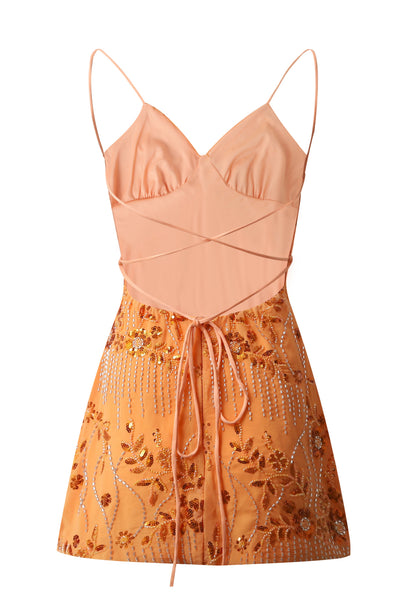 V-neck Orange Beaded Bodycon Short Dress
