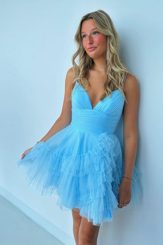 V Neck Blue Tulle Short A-Line Homecoming Dress VK23091203
