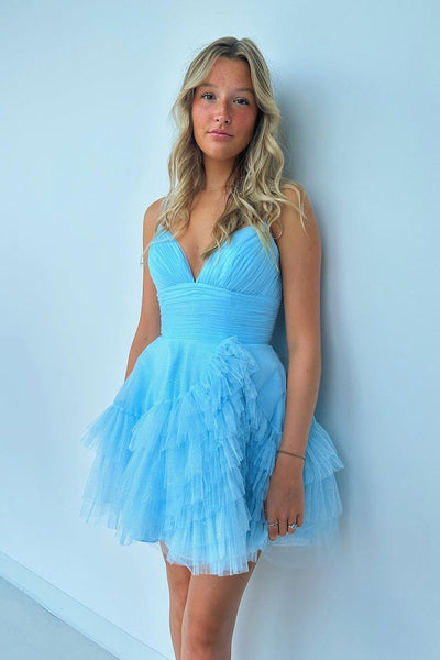 V Neck Blue Tulle Short A-Line Homecoming Dress VK23091203
