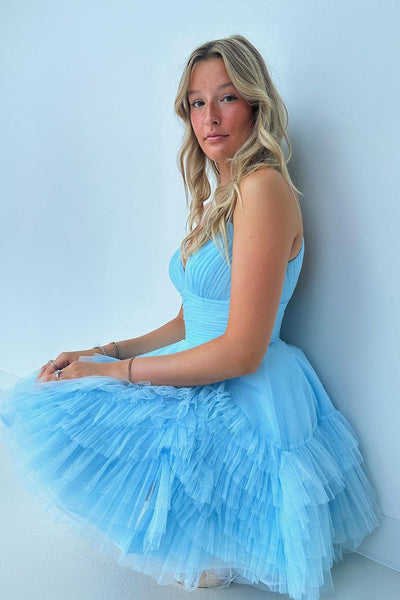 V Neck Blue Tulle Short A-Line Homecoming Dress VK23091203