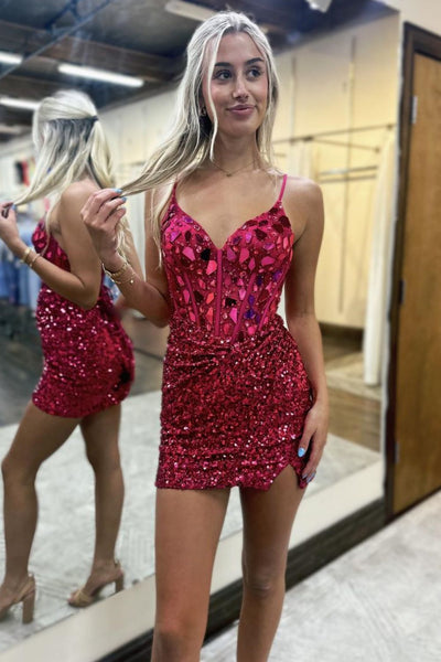 V Neck Dark Green Sequins Tight Short Homecoming Dresses with Mirror cuts VK24082805