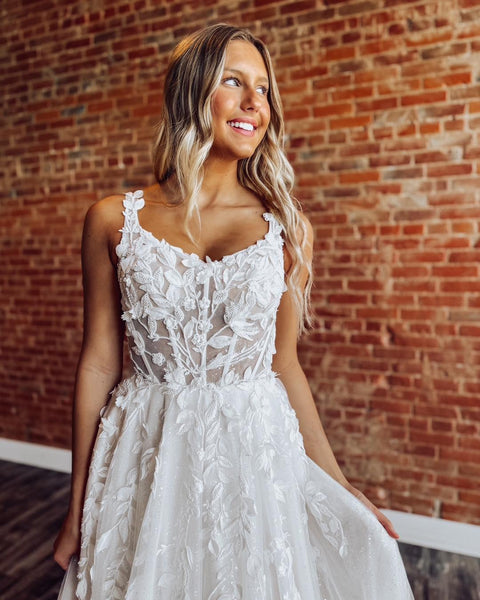 Tulle Lace Appliqued Boho Wedding Dresses A Line Corset Beach Wedding Gowns