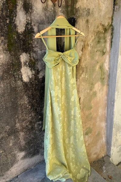 Vintage-Inspired Sage Green Long Prom Dress with Matching Neck Scarf
