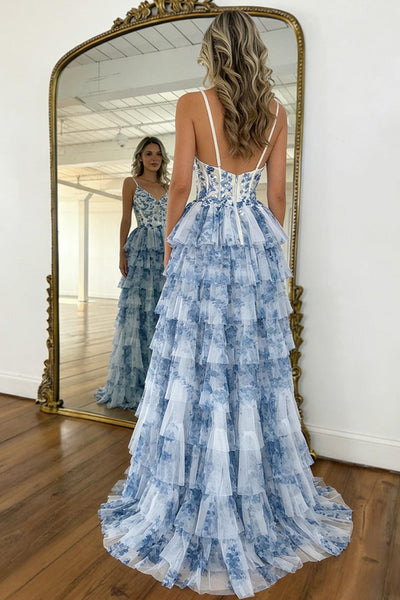 Style Blue Floral Tiered Tulle Prom Dress With Corset Bodice Formal Evening Gown