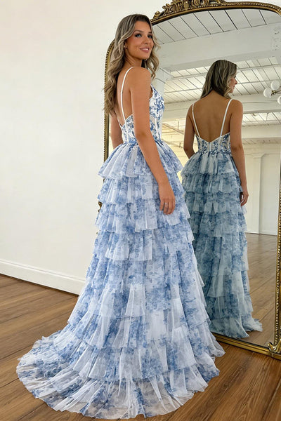 Style Blue Floral Tiered Tulle Prom Dress With Corset Bodice Formal Evening Gown