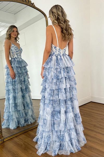 Style Blue Floral Tiered Tulle Prom Dress With Corset Bodice Formal Evening Gown