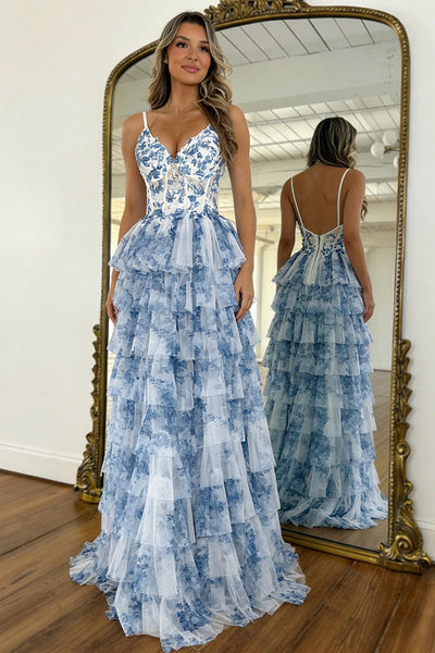 Style Blue Floral Tiered Tulle Prom Dress With Corset Bodice Formal Evening Gown