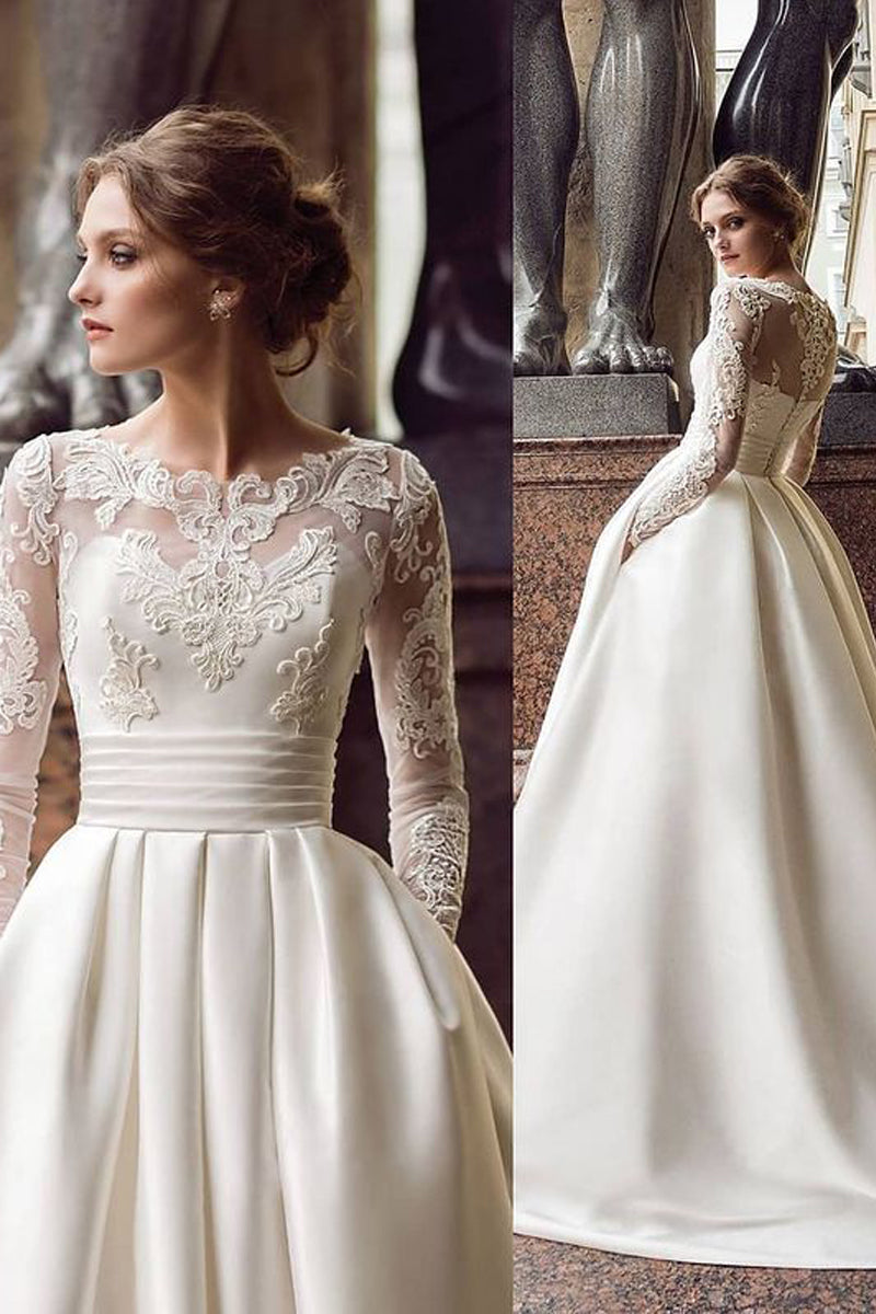 Vintage A-Line Long Sleeves Ivory Satin Wedding Dress with Pockets VK210428002