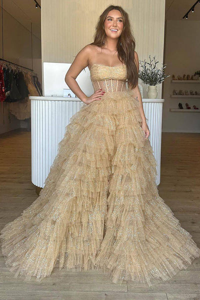 Cute A Line Strapless Glitter Tulle Long Prom Dresses
