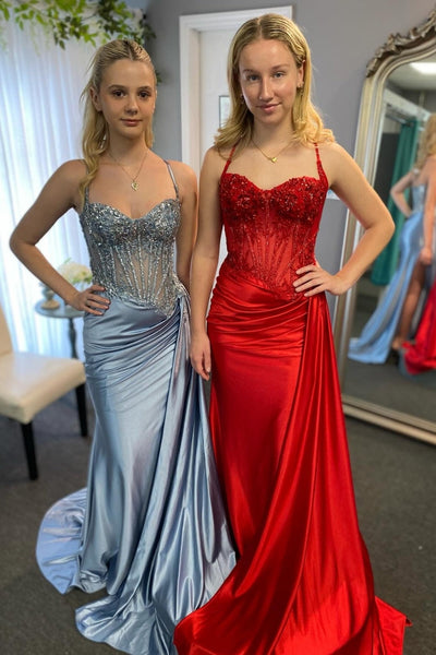 Satin Lace Beaded Prom Dresses Long Sweetheart Evening Dresses with Slit