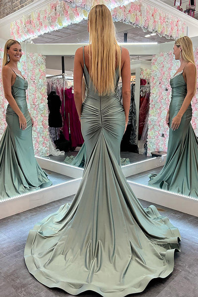 Chic Mermaid Scoop Neck Sage Green Satin Long Prom Dresses