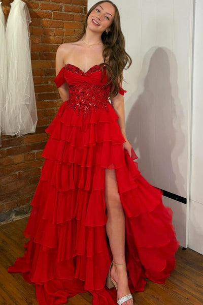 A-Line Off Shoulder Appliques Tiered High Side Slit and Train Red Prom Dress