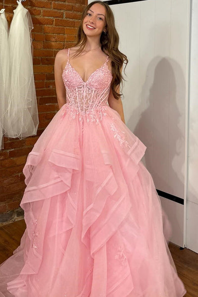 A-Line V Neck Spaghetti Straps Sleeveless Pleated Ruffles Appliques Prom Dresses