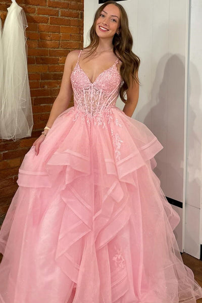 A-Line V Neck Spaghetti Straps Sleeveless Pleated Ruffles Appliques Prom Dresses
