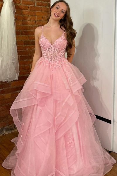 A-Line V Neck Spaghetti Straps Sleeveless Pleated Ruffles Appliques Prom Dresses