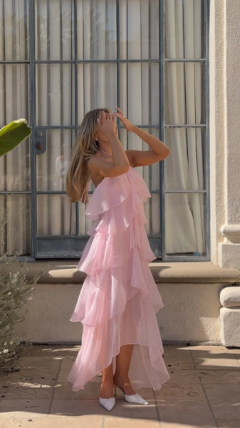 Whimsical Halter Neck Asymmetrical Ruffle Tiered Maxi Prom Dress