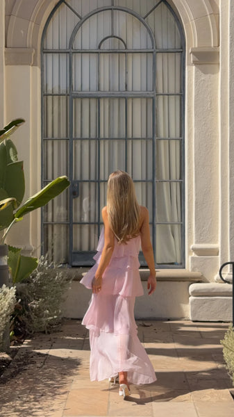 Whimsical Halter Neck Asymmetrical Ruffle Tiered Maxi Prom Dress