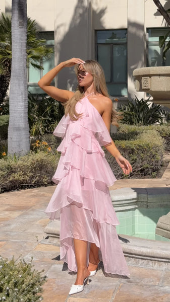 Whimsical Halter Neck Asymmetrical Ruffle Tiered Maxi Prom Dress