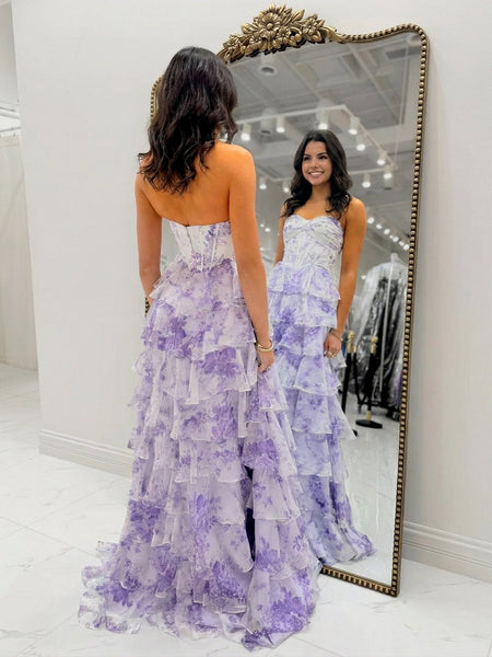 Whimsical Lilac Floral Tiered Ruffle Prom Dress with Slit VK26031516