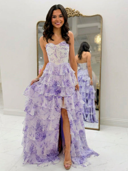 Whimsical Lilac Floral Tiered Ruffle Prom Dress with Slit VK26031516