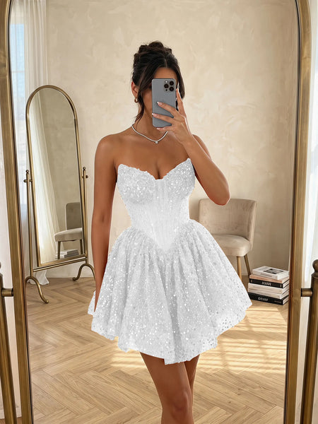Sequin Strapless Sweetheart Mini Homecoming Dress with Ruffled Skirt