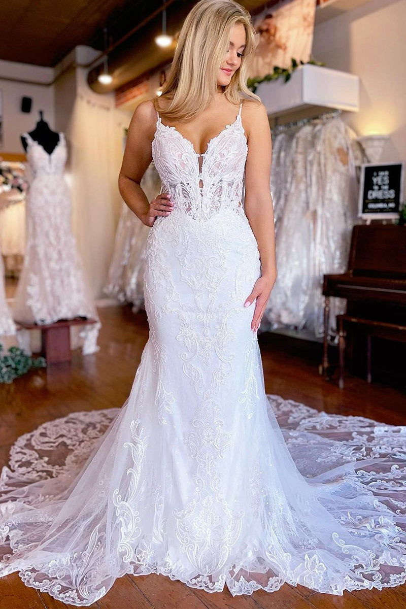 White V Neck Mermaid Tulle Lace Wedding Dresses VK23090903-1