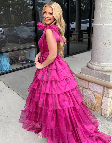 Fairy Ball Gown V Neck Pink Tiered Organza Long Prom Dress