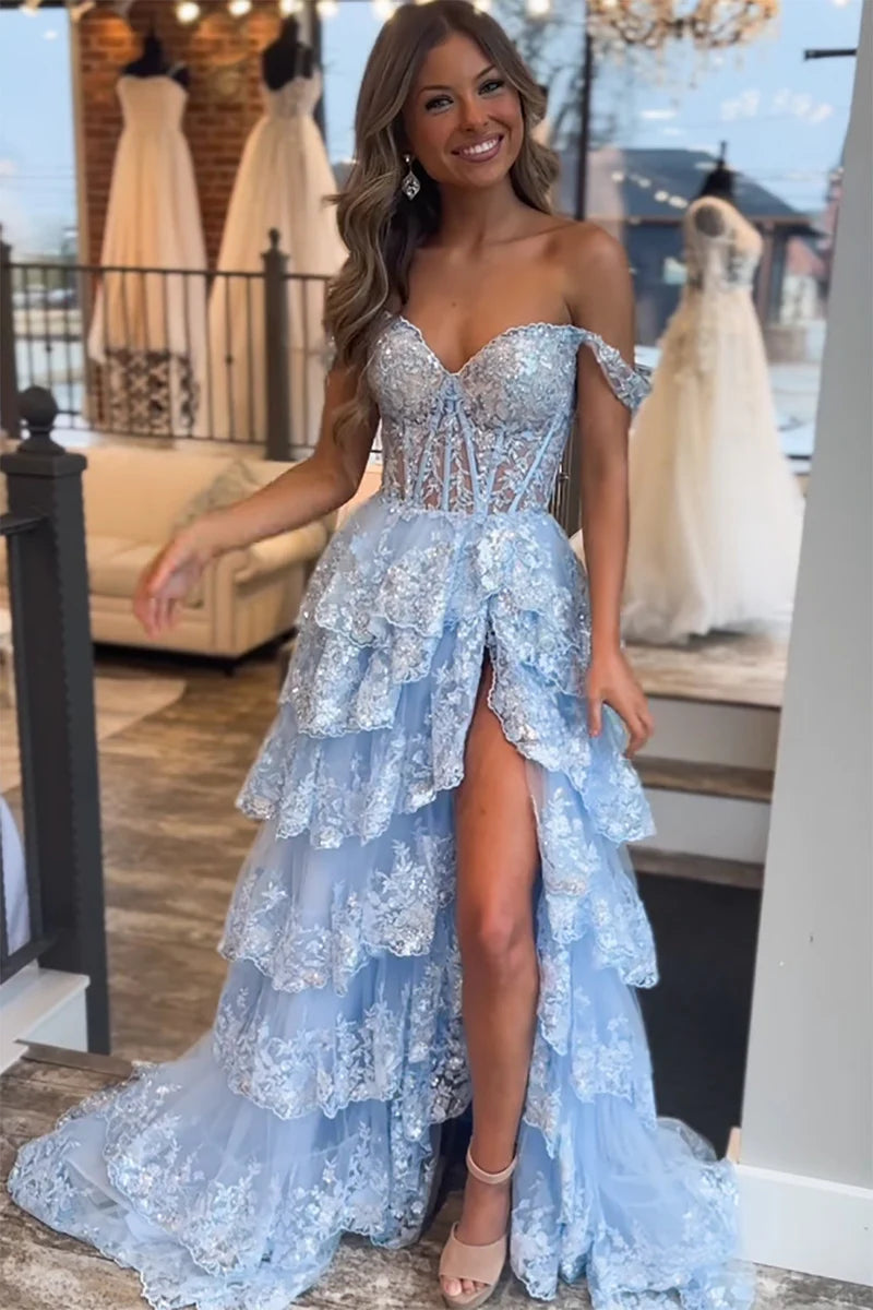 Cute A Line Off the Shoulder Blue Tulle Long Prom Dresses with